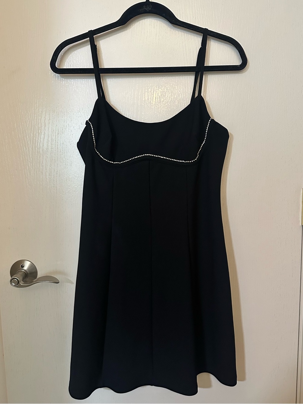 Women's Black Sleeveless A-Line Mini Dress with Rhinestone Trim on the Bust